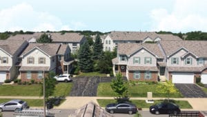 Aerial view of a neighborhood with multi-family homes