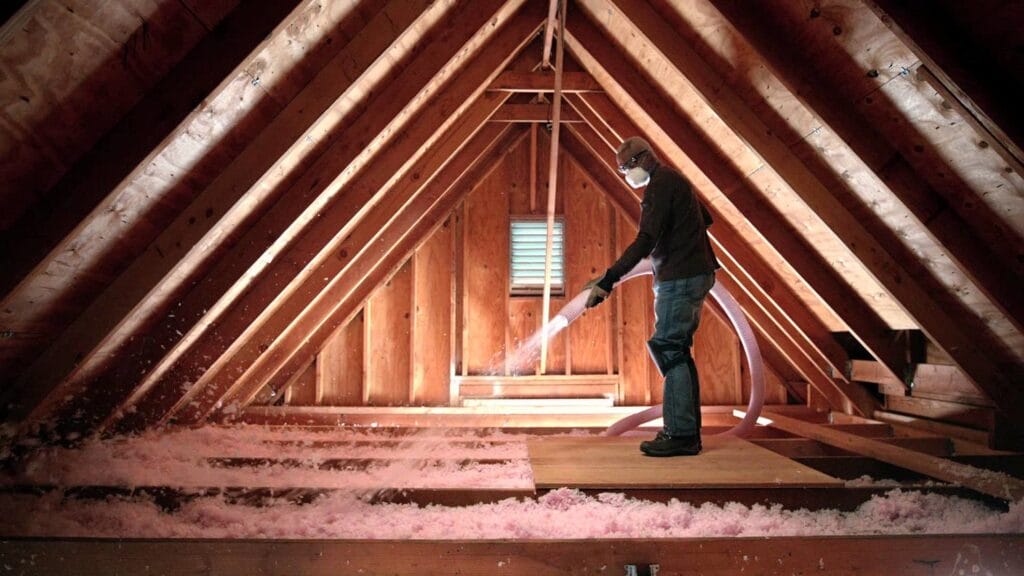 Roofer installing new R13 owens corning attic insulation in homeowners attic